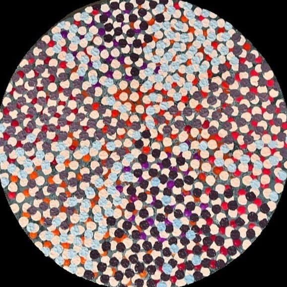 Wheels of Fortune #2 by Joumana Yaghi — acrylic on round canvas, 20 in diameter