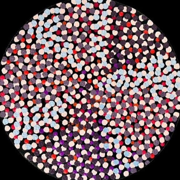 Wheels of Fortune #3 by Joumana Yaghi — acrylic on round canvas, 20 in diameter